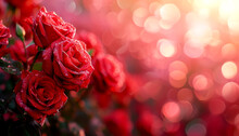 Close-up Of Vibrant Red Roses With Dew Drops Against A Bokeh Background, AI Generated