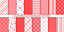 Valentine's Day Pattern. Cute Seamless Background. Red Pink Prints With Hearts, Polka Dot, Stripes, Flowers. Set Of Love Textures For Scrapbooking. Vintage Girly Wrapping Papers. Vector Illustration