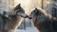 Two Wolves Touching Noses With A Snowy Background.
