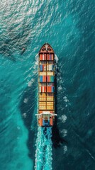 A large container cargo ship travels over calm, blue ocean. Ship in import export and business logistic. Aerial view