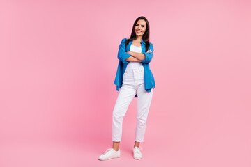 Poster - Full size photo of satisfied optimistic girl dressed blue shirt white trousers keep palms folded isolated on pink color background