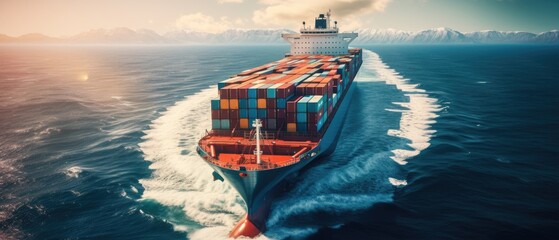 A large container cargo ship travels over calm, blue ocean. Ship in import export and business logistic. Aerial view