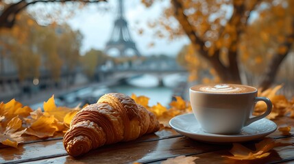 Wall Mural - Autumn in paris with a warm coffee and fresh croissant. cozy fall season breakfast. AI