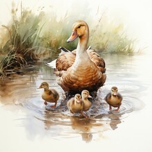 A Mother Duck Leading Her Kids Duck In Watercolor Style. AI Generate Illustration