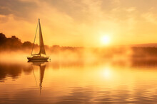 A Serene Scene Of A Sailboat On A Misty Lake, Illuminated By The Golden Hues Of The Rising Sun, Ai Generative