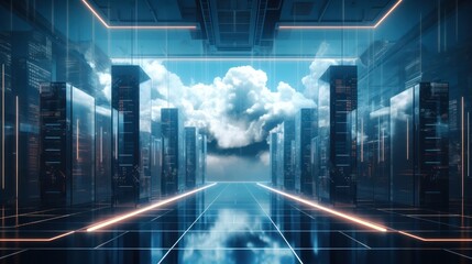 Cloud technology, Feature a futuristic server room or data center with scalable clouds