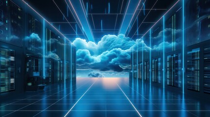 Wall Mural - Cloud technology, Feature a futuristic server room or data center with scalable clouds