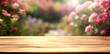 Empty wooden table in front of blurred spring or summer garden background. Banner for design.Can be used mock up for display or montage your products.Gardening season concept.Generative AI