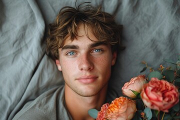 Wall Mural - Portrait of young handsome man lying in bed with flowers and looking at camera