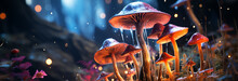 Beautiful Magic Mushrooms In The Forest. Fairy Forest