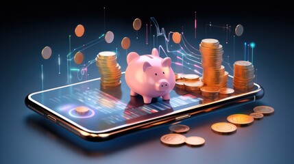 Smart Money and financial, Feature modern technology. smartphone with a savings app and coins, saving and banking concept
