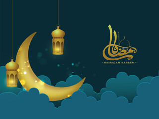 Canvas Print - Ramadan Kareem Celebration Poster or Card Design with Glossy Crescent Moon, Lit Lanterns Hang on Blue Paper Cut Clouds Background.