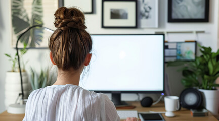 Over shoulder shot of a young woman using computer in front of an blank white computer screen in home.