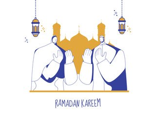 Sticker - Vector Illustration of Muslim Couple Offering Namaz with Silhouette Mosque and Hanging Lanterns on White Background for Ramadan Kareem Concept.