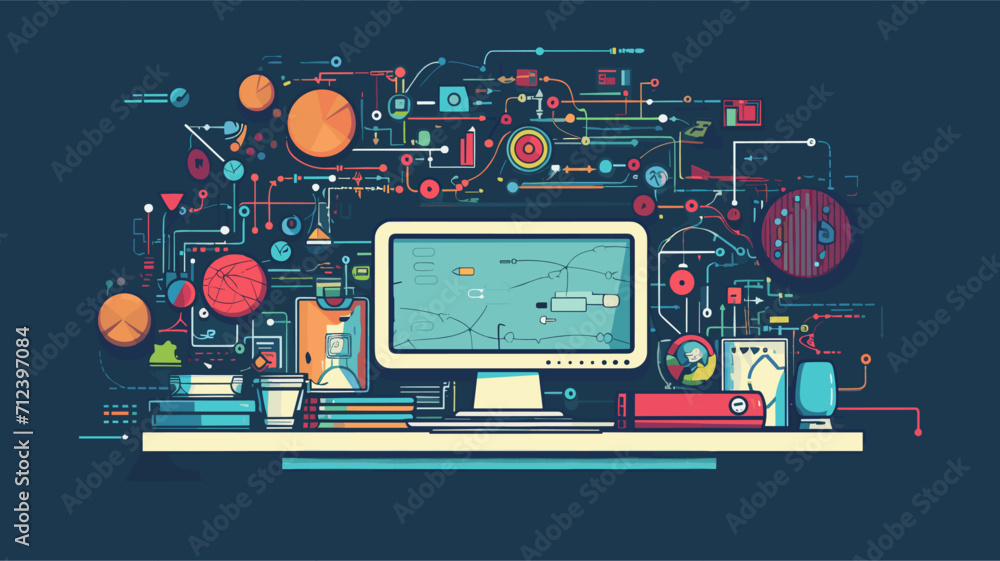 Retro computer monitor with educational icons representing the ...