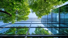 Eco-friendly Building In The Modern City. Sustainable Glass Office Building With Tree For Reducing Carbon Dioxide. Office Building With Green Environment