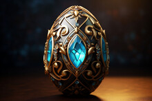 An Intricately Designed Golden Egg With A Glowing Blue Core Sits Against A Dark Backdrop, Symbolizing Mystery And Luxury. Dramatic Centerpiece For Exclusive Event Invitations Or Upscale Marketing Mate