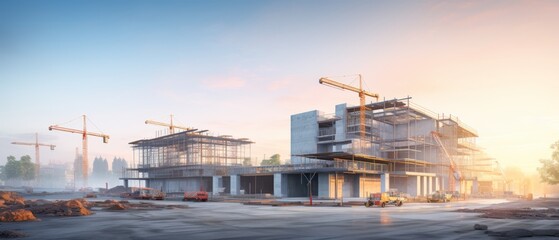 modern concrete and steel building construction site in morning