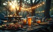 Outdoor camping with tables and cocktails and delicious food nice and realistic photo style,