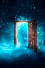 Wall Mural - Open magical doors in a dark room. Fantasy abstract magical background with a portal, glow, smoke, smog. 3D illustration