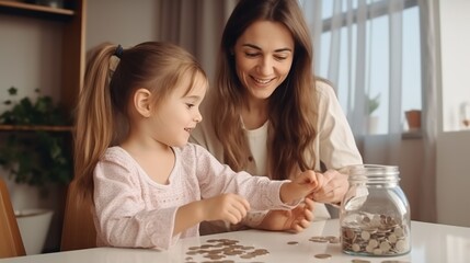 Happy little girl and mom saving money into piggy bank, saving money concept at home