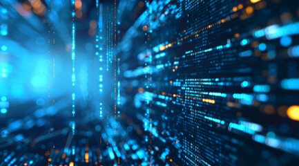 Code, internet and big data connection for cloud storage, artificial intelligence and coding. Blue, matrix and network connectivity for ai algorithm, quantum computing and communication background