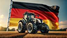 Tractor In A Field With The German Flag Waving Proudly.