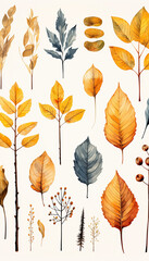 Wall Mural - Autumn leaves. Yellow autumnal garden leaf, red fall leaf and fallen dry leaves. Botanical forest plants or  tree foliage , Generate AI