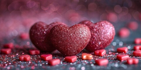 Romantic atmosphere with red hearts, decorated with glitter elements, creates a festive, love-filled atmosphere.