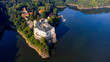 Aerial view of Orlik castle over Orlik reservoir. Beautiful gothic landmark over the lake. Orlik nad Vltavou, South Bohemia, Czech republic.