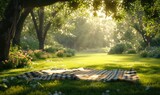 Fototapeta  - delightful picnic scene set in a serene park, bathed in golden sunlight. A soft, checkered blanket spreads across the lush green grass
