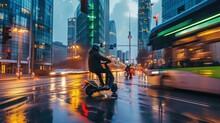 Transportation Concept Of Urban Mobility, Electric Scooters, Sustainable Public Transit In A Modern Cityscape