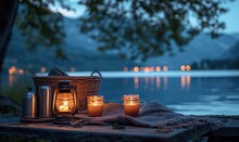 Take Summer Photos After The Sun Goes Down. Park Bench, Candles, Picnic Basket, Beautiful Scenery