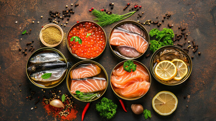 Wall Mural - Different open tin cans with canned fish among spices and herbs on a brown background, canned salmon and mackerel, sprat and sardine, tuna and herring and fish pate, top view.