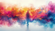 © karina_lo - Explosion of multicolored paint on white background, lone man walks through swirl of watercolor like colorful fire, abstract pattern of colored water. Concept of spectrum, holi, liquid