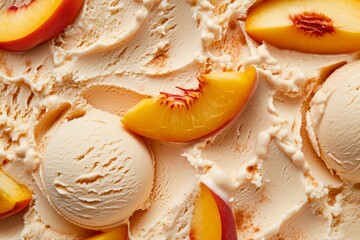 Canvas Print - A close-up of peach ice cream with slices of peach on top.