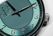 Gents Wrist Watch With Green Clock, Macro Photo
