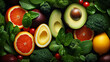Assorted fresh ripe fruits and vegetables. Food concept background. Top view. Copy space, Generate AI