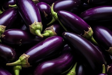 Wall Mural - Heap of Fresh Eggplants Close Up on Dark Background. Aubergine for Cooking and Healthy Diet