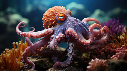 Poster - Magnificent octopus among the underwater picturesque landscape with marine life