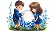 © Katya - A small boy and a girl decorating a huge Easter egg with forget-me-nots on a white background
