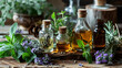 Assortment of essential oil bottles with fresh herbs. selective focus. Generative AI,
