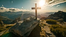 A Wooden Christian Cross On A Mountain Top With Blue Skies Sun And Clouds Generative AI