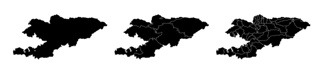 Set of isolated Kyrgyzstan maps with regions. Isolated borders, departments, municipalities.