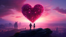Valentine Day Card With Loving Couple Looking At The Beautiful Heart Symbol On The Romantic And Magic Surreal Landscape