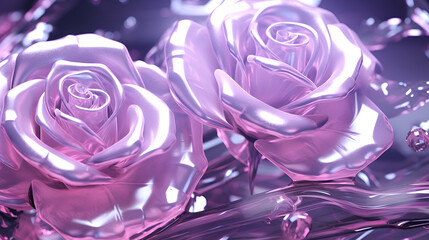 Wall Mural - Holographic Glass Glossy Pink and Purple Rose in 3d. 