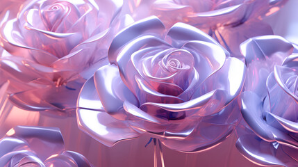 Wall Mural - Holographic Glass Glossy Pink and Purple Rose in 3d. 