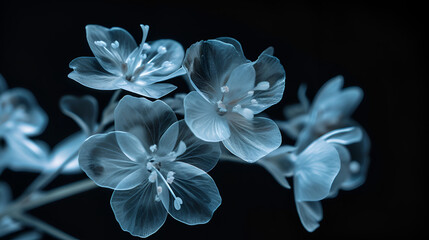 Wall Mural - Abstract illustration of a branch with flowers in x-ray style on a black background close-up. Minimalistic botanical design.