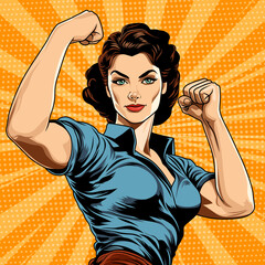 Wall Mural - Woman shows her biceps, demonstrating her feminine strength. Gender equality concept. Vector illustration in comic style