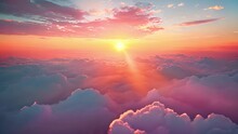 Above Magical Pink Clouds With Sunset. Aerial Majestic Sunrise Above Amazing Cloudscape With Sun Light Heavenly Shining Through Golden Clouds. Paradise Clouds Slow Motion At Pink Sunset. Nature Enviro
